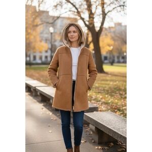 Michael Kors Faux Fur Shearling Suede Long Hooded Womens Medium Coat Tan UNISEX